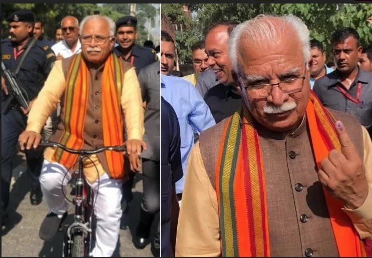 हरियाणा के मुख्यमंत्री मनोहर लाल खट्टर साइकिल चलाकर वोट डालने बूथ पहुंचे