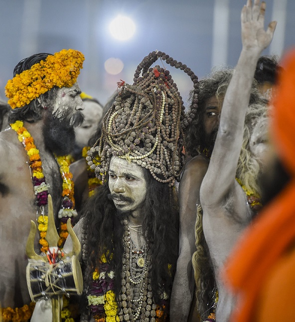 इलाहाबाद कुंभ मेले में विशेष वेशभूषा के साथ एक साधु