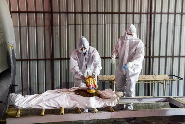 कोरोना मरीज की मृत्यु के बाद पीपीई पहन कर दाह संस्कार करते परिवार के सदस्य