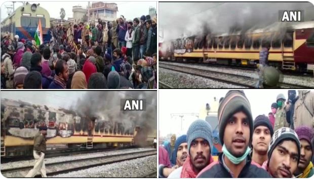 बिहार में छात्रों का उग्र प्रदर्शन तीसरे दिन भी जारी, प्रदर्शनकारियों ने लगाई ट्रेन में आग, परिचालन हुआ प्रभावित
