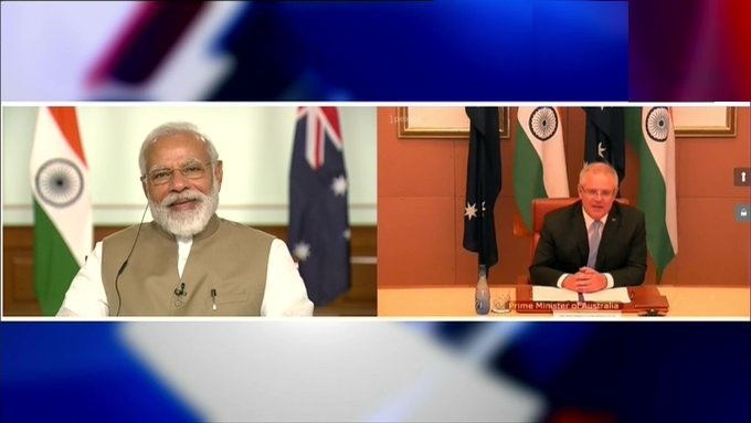 भारतीय प्रधानमंत्री नरेंद्र मोदी और आस्ट्रेलिया के प्रधानमंत्री स्कॉट मॉरिसन के बीच हुआ पहला वचुर्अल सम्मेलन