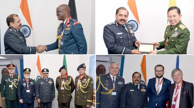 डिफेंस एक्सपो में केन्या, म्यांमार, बांग्लादेश के प्रतिनिधिमंडलों से मुलाकात करते एयर चीफ मार्शल एस भदौरिया