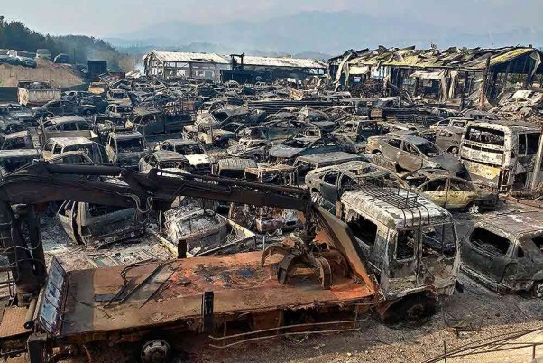 दक्षिण कोरिया के सोकोचो में बड़े पैमाने पर जंगल की आग की चपेट में आने से जलकर खाक हुए वाहन