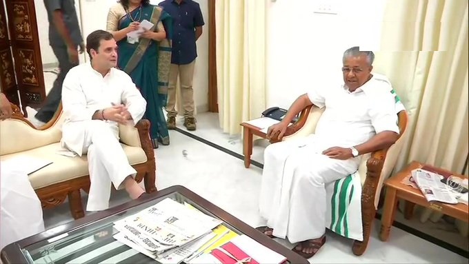 आज कोचीन हाउस में केरल के सीएम पिनाराई विजयन से मुलाकात करते कांग्रेस नेता और वायनाड के सांसद राहुल गांधी