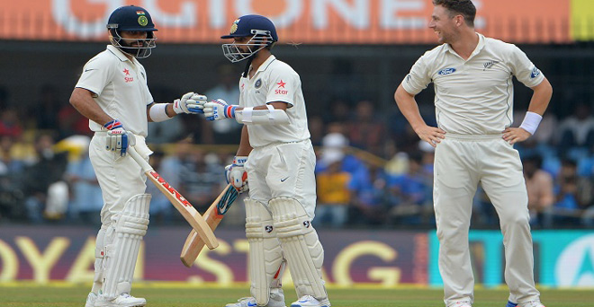 कोहली और रहाणे की रन मशीन चली, भारत ने पांच विकेट पर 557 रन बनाए