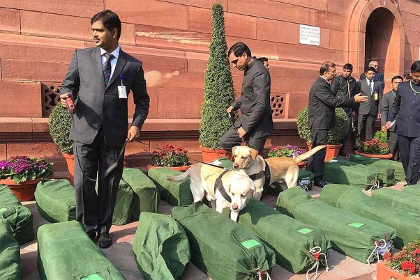 राजधानी दिल्ली में संसद भवन के बाहर केंद्रीय बजट पत्रों की जांच करते स्निफर डॉग