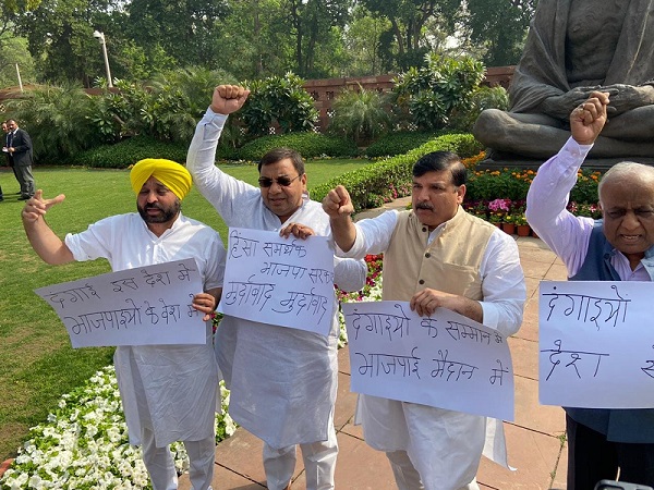 दिल्ली में हिंसा को लेकर संसद परिसर में प्रदर्शन करते आम आदमी पार्टी के सांसद