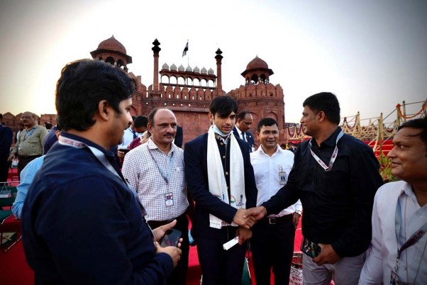 नई दिल्ली के लाल किले में स्वतंत्रता दिवस समारोह के लिए पहुंचे ओलंपिक पदक विजेता नीरज चोपड़ा