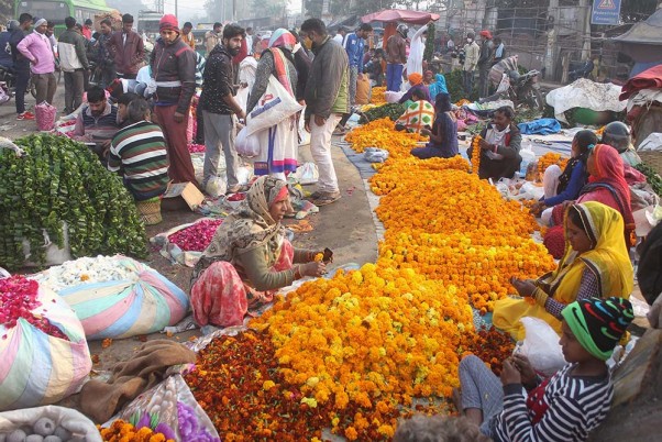 गुरुग्राम में दिवाली त्योहार के दौरान बाजार में फूल खरीदते लोग