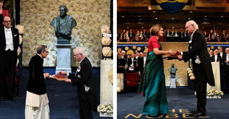 पारंपरिक धोती-कुर्ता और साड़ी पहनकर नोबेल पुरस्कार लेने पहुंचे भारतीय मूल के अभिजीत बनर्जी और उनकी पत्नी