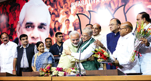 मुरली मनोहर जोशी समेत अन्य संभाव‌ित उम्मीदवार प्रधानमंत्री नरेन्द्र मोदी के साथ